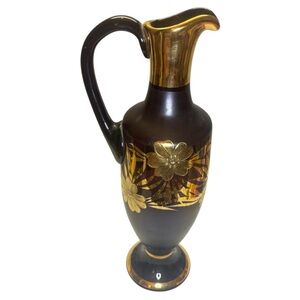 Glass Pitcher Gold Detail Floral Pattern 16” Vintage Vase Footed With Handle